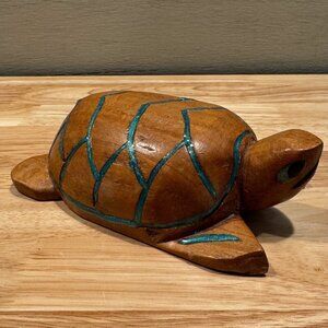 Vintage Wooden Turtle with Turquoise Color Inlay Hand Carved Sculpture Decor  *